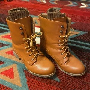 Anna Brown Faux Leather Knitted Sock Combat Boots